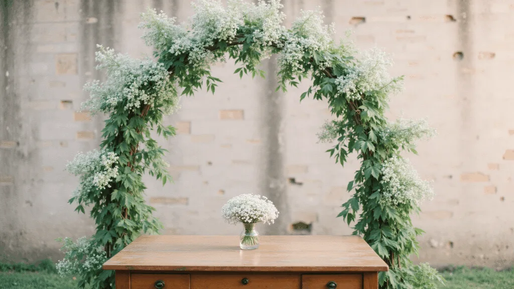 A dreamy wedding ceremony setup featuring a garden arch adorned with white baby's breath, vintage wooden signing table, and ethereal sunlight creating a soft, warm ambiance during golden hour.
