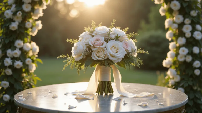 Ethereal bridal bouquet with white garden roses and blush peonies on a sunlit marble table, surrounded by vintage brass accessories and rose petals, enhanced by golden hour lighting.