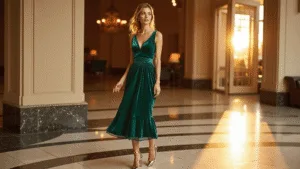 Model in an emerald velvet midi dress with pleating and metallic block-heel pumps, posing in a grand hotel lobby at golden hour, with sunlight illuminating the space and a champagne silk wrap draped over her shoulders.