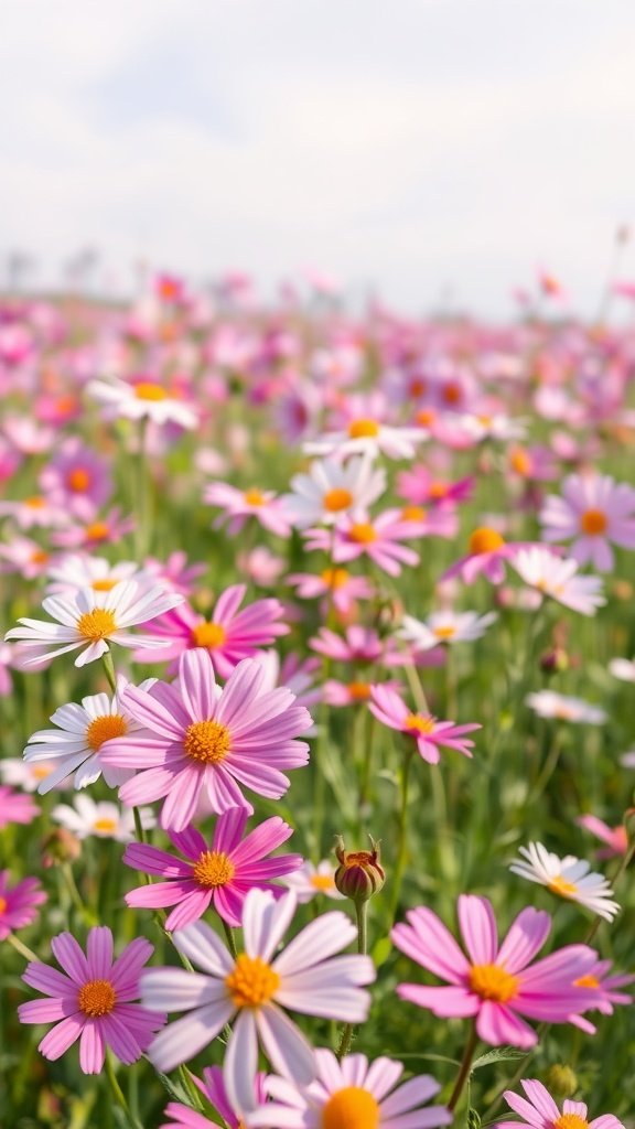 50 Stunning Flower Phone Wallpapers to Brighten Your Screen A field of pink and white cosmos flowers with green stems and a light sky in the background.