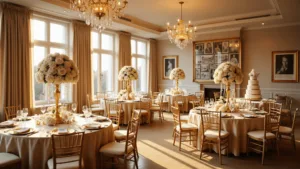 A lavish ballroom set for a 50th anniversary celebration with warm golden lighting, elegant round tables adorned with champagne silk tablecloths and gold Chiavari chairs, towering floral centerpieces, vintage wedding photos on display, and a 3-tier white wedding cake.