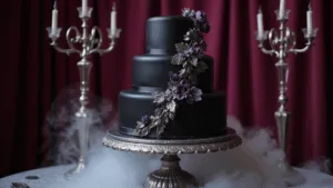 A three-tiered black wedding cake with silver accents and dark purple sugar flowers, displayed on an ornate silver stand against a burgundy velvet backdrop, surrounded by swirling dry ice fog and illuminated by crystal candelabras.