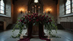 Gothic stone chapel interior with a dramatic floral installation of burgundy roses, black calla lilies, and dark plum dahlias, accented with trailing ivy and velvet ribbons. Weathered stone walls lit by flickering black taper candles in aged copper holders. Stained glass windows cast colored light patterns amidst deep shadows. Photographic shot with moody color grading highlighting jewel tones, detailed textures, and a low-angle perspective to emphasize grandeur.