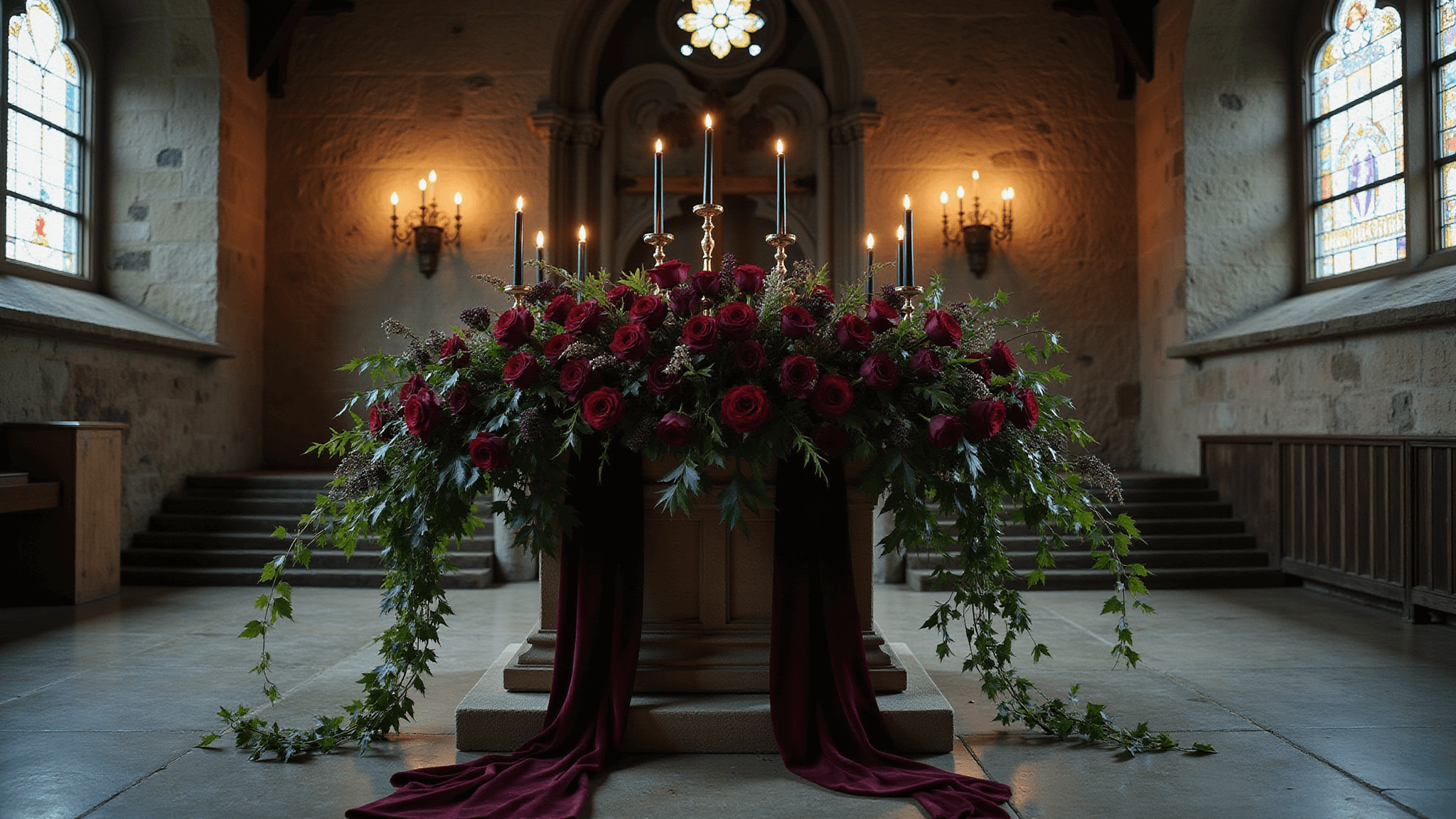 Gothic stone chapel interior with a dramatic floral installation of burgundy roses, black calla lilies, and dark plum dahlias, accented with trailing ivy and velvet ribbons. Weathered stone walls lit by flickering black taper candles in aged copper holders. Stained glass windows cast colored light patterns amidst deep shadows. Photographic shot with moody color grading highlighting jewel tones, detailed textures, and a low-angle perspective to emphasize grandeur.