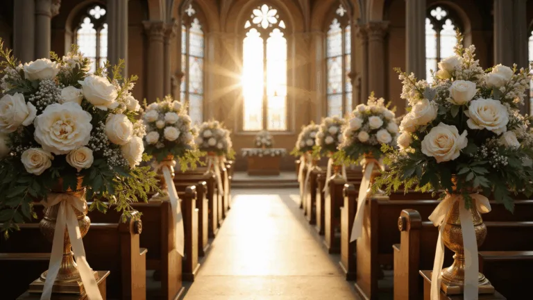 A photorealistic wide-angle view of a grand Gothic church interior during golden hour, featuring dramatic floral arrangements with white peonies and garden roses, vintage candelabras, and beautifully decorated pew ends, all illuminated by warm sunlight through stained glass windows.