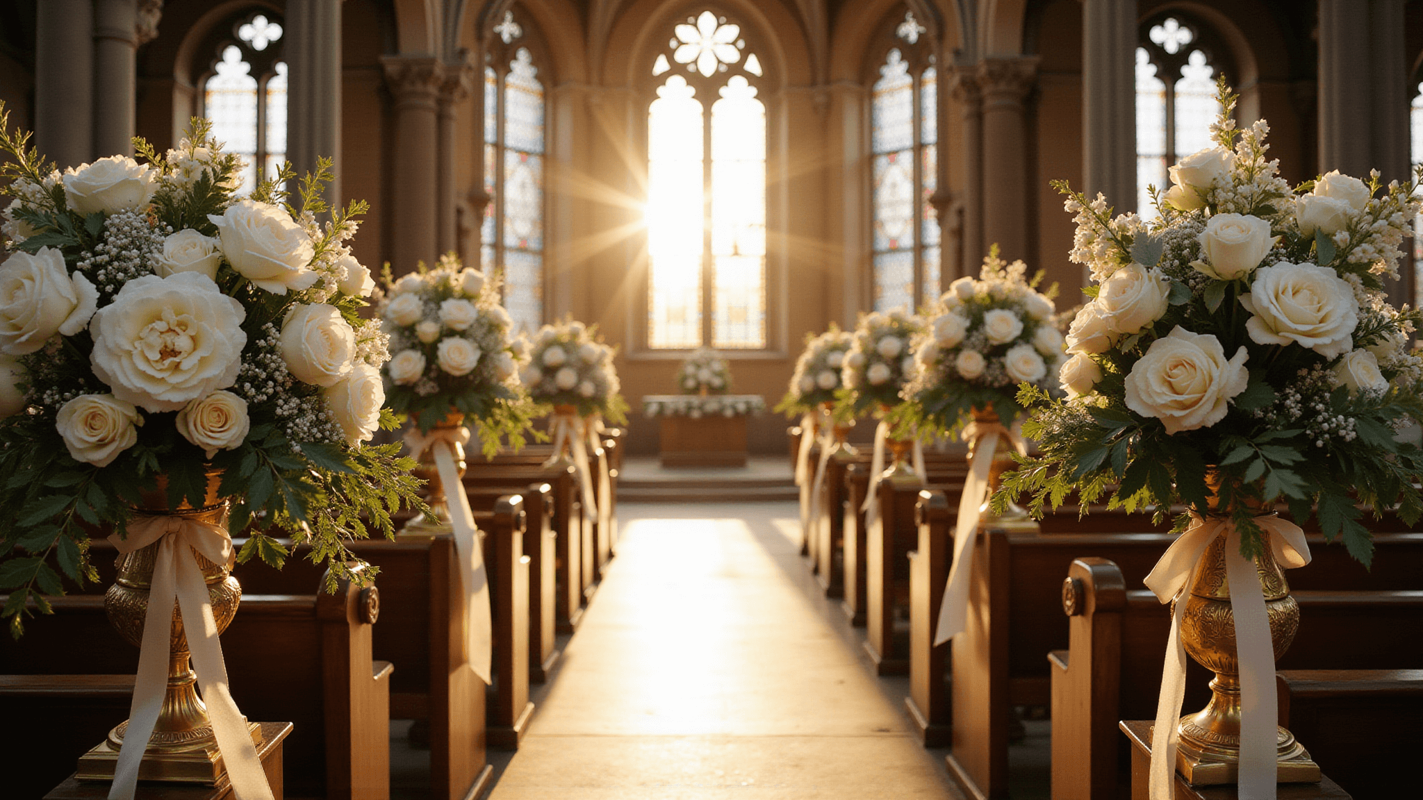 A photorealistic wide-angle view of a grand Gothic church interior during golden hour, featuring dramatic floral arrangements with white peonies and garden roses, vintage candelabras, and beautifully decorated pew ends, all illuminated by warm sunlight through stained glass windows.