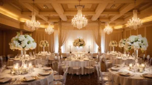 A luxurious grand ballroom wedding reception during golden hour featuring ivory silk-draped tables with cascading floral centerpieces, ghost chairs, crystal chandeliers, mirrored charger plates, and a dramatic floral arch, all bathed in a soft golden glow.