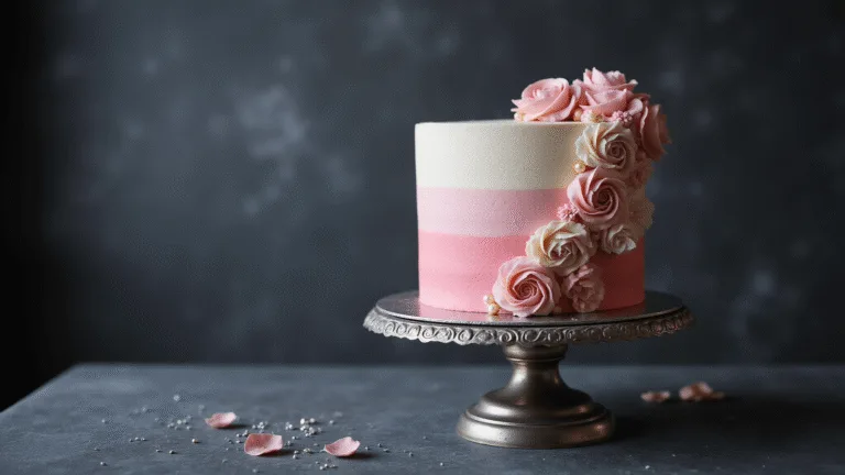 Heart-shaped pink ombré cake with buttercream decorations on an antique silver stand, featuring piped rosettes, pearls, and sugar flowers, against a dark backdrop with soft bokeh.