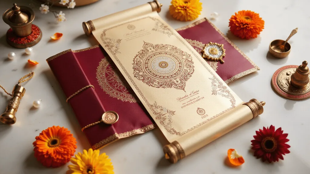 Flatlay of an ornate Indian wedding invitation suite with gold-foiled scroll, peacock motifs, jasmine flowers, brass items, and pearl embellishments on cream marble background.