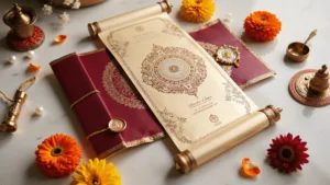 Flatlay of an ornate Indian wedding invitation suite with gold-foiled scroll, peacock motifs, jasmine flowers, brass items, and pearl embellishments on cream marble background.