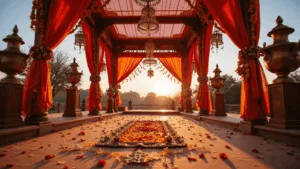 A stunning wide-angle photograph of an ornate Indian wedding mandap at golden hour, featuring rich crimson silk drapes, lush floral garlands, and intricate rangoli designs, all beautifully illuminated by warm natural light.