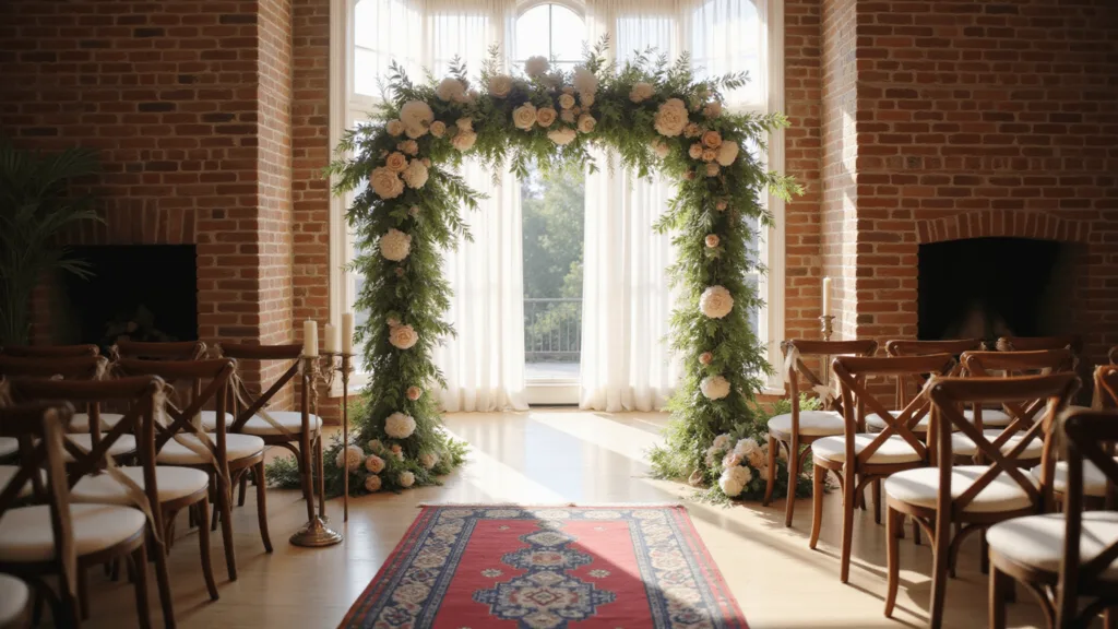 A sunlit living room wedding ceremony with a grand brick fireplace adorned with a floral arch, Persian runner aisle, cross-back chairs, candleholders, and sheer curtains creating an intimate, romantic atmosphere.