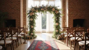 A sunlit living room wedding ceremony with a grand brick fireplace adorned with a floral arch, Persian runner aisle, cross-back chairs, candleholders, and sheer curtains creating an intimate, romantic atmosphere.