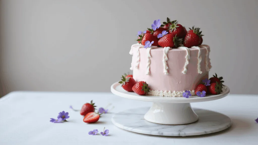 Photorealistic Korean-style floral strawberry cake on a white cake stand, featuring pastel pink buttercream, piped ribbon details, fresh strawberries, and pressed flowers, with a soft-focus backdrop and natural window lighting.