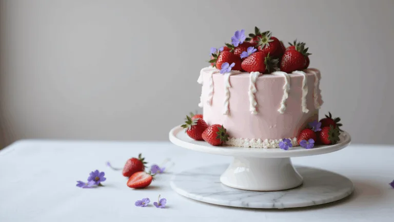 Photorealistic Korean-style floral strawberry cake on a white cake stand, featuring pastel pink buttercream, piped ribbon details, fresh strawberries, and pressed flowers, with a soft-focus backdrop and natural window lighting.