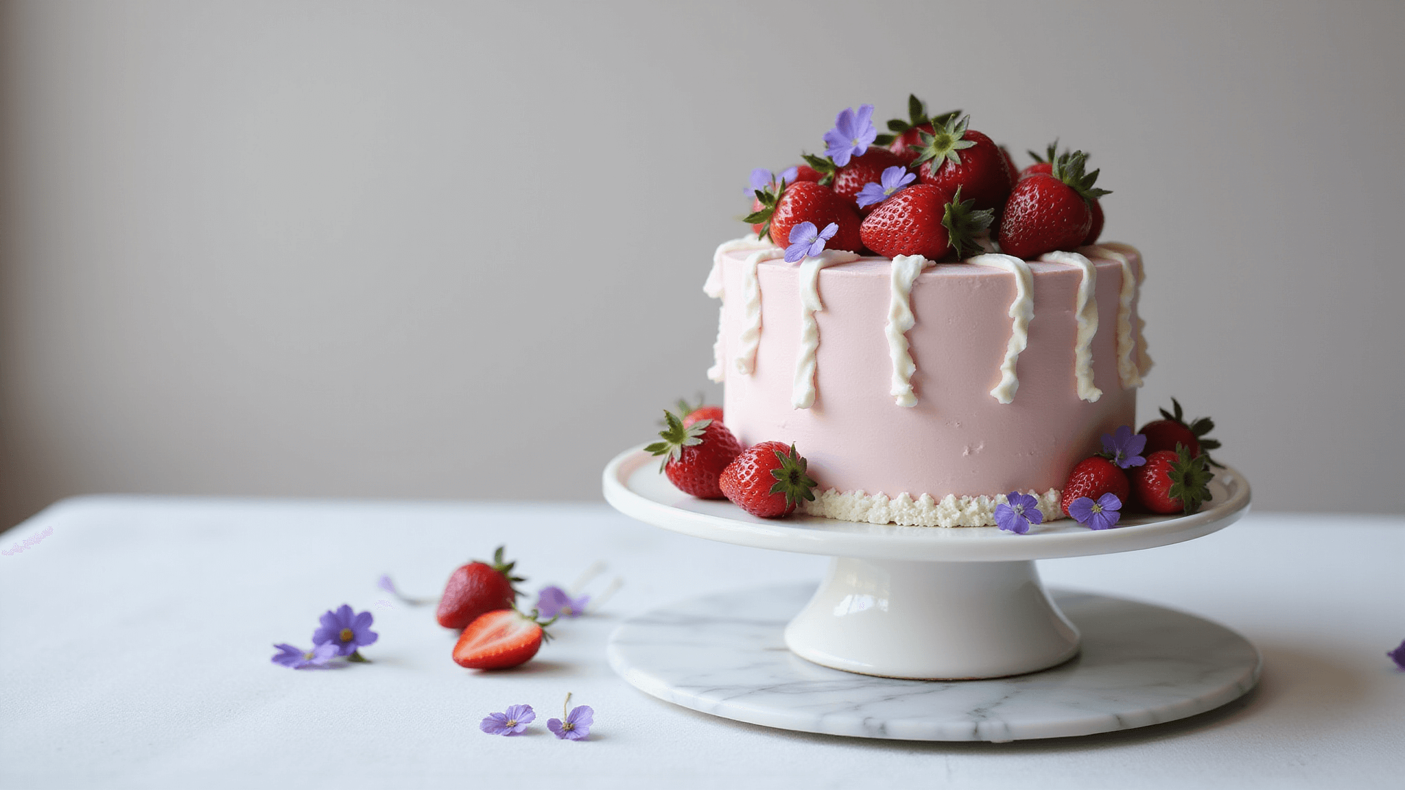 Photorealistic Korean-style floral strawberry cake on a white cake stand, featuring pastel pink buttercream, piped ribbon details, fresh strawberries, and pressed flowers, with a soft-focus backdrop and natural window lighting.