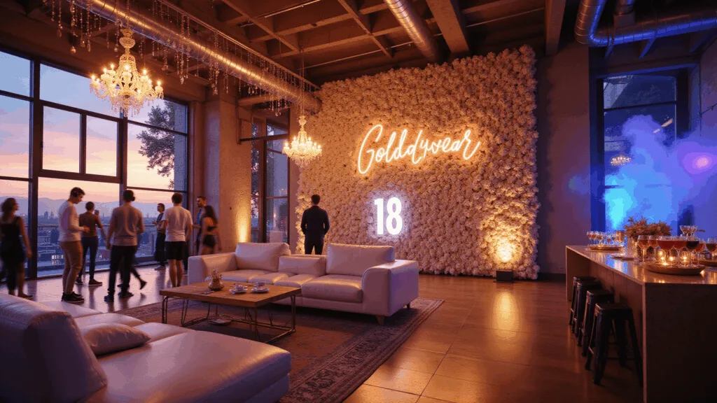 A luxurious modern loft space set for an 18th birthday celebration, featuring a silent disco, Hollywood-inspired lounge, photo station with flower wall, and an elegant refreshment zone, all bathed in golden hour lighting, with deep blue uplighting and ambient fairy lights.