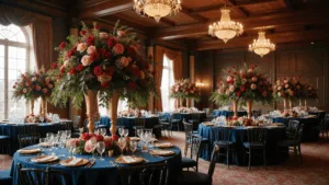 A luxurious grand ballroom adorned with dramatic jewel tone floral arrangements, featuring ruby red roses, sapphire delphiniums, emerald orchids, and amethyst calla lilies, under warm golden hour light from chandeliers and large windows.