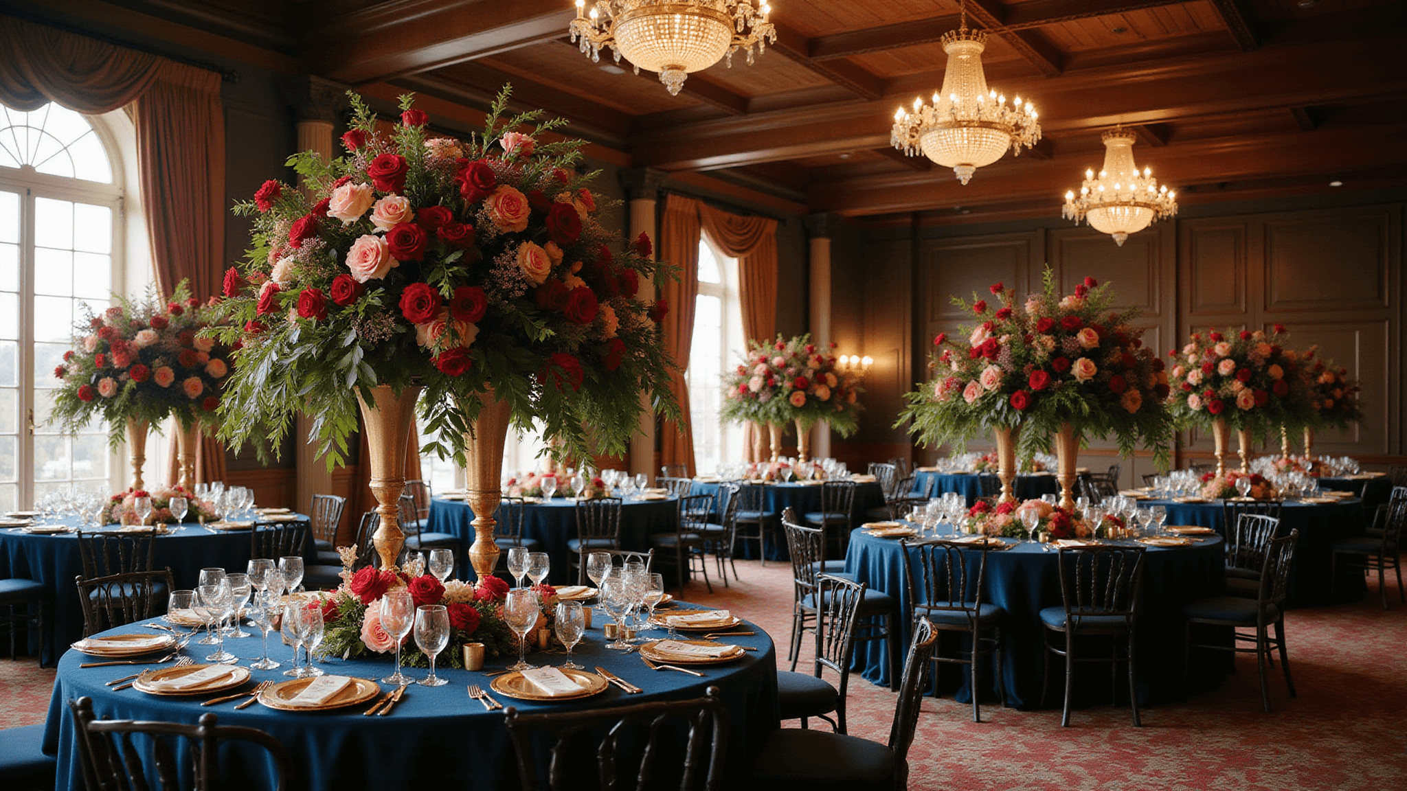 A luxurious grand ballroom adorned with dramatic jewel tone floral arrangements, featuring ruby red roses, sapphire delphiniums, emerald orchids, and amethyst calla lilies, under warm golden hour light from chandeliers and large windows.