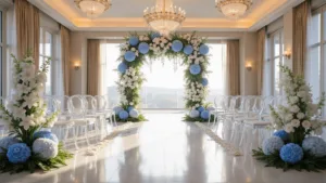 Blue Wedding Flowers: A Dreamy Guide to Creating Stunning Floral Arrangements A luxurious wedding ceremony setup in a grand ballroom featuring an 8-foot floral arch with cascading blue hydrangeas and white phalaenopsis orchids. Crystal chandeliers cast warm ambient light over ghost chairs arranged in curved rows. Natural sunlight streams through floor-to-ceiling windows onto white marble floors. Delicate blue thistle accents, white garden roses, and eucalyptus greenery complement the elegant color palette of powder blue, white, and silver.