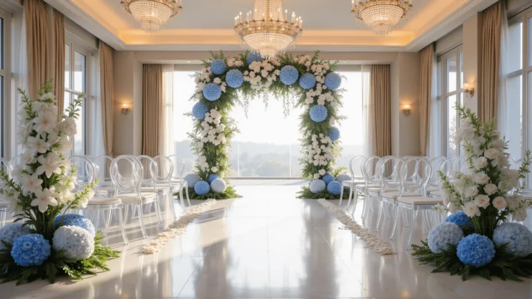 A luxurious wedding ceremony setup in a grand ballroom featuring an 8-foot floral arch with cascading blue hydrangeas and white phalaenopsis orchids. Crystal chandeliers cast warm ambient light over ghost chairs arranged in curved rows. Natural sunlight streams through floor-to-ceiling windows onto white marble floors. Delicate blue thistle accents, white garden roses, and eucalyptus greenery complement the elegant color palette of powder blue, white, and silver.