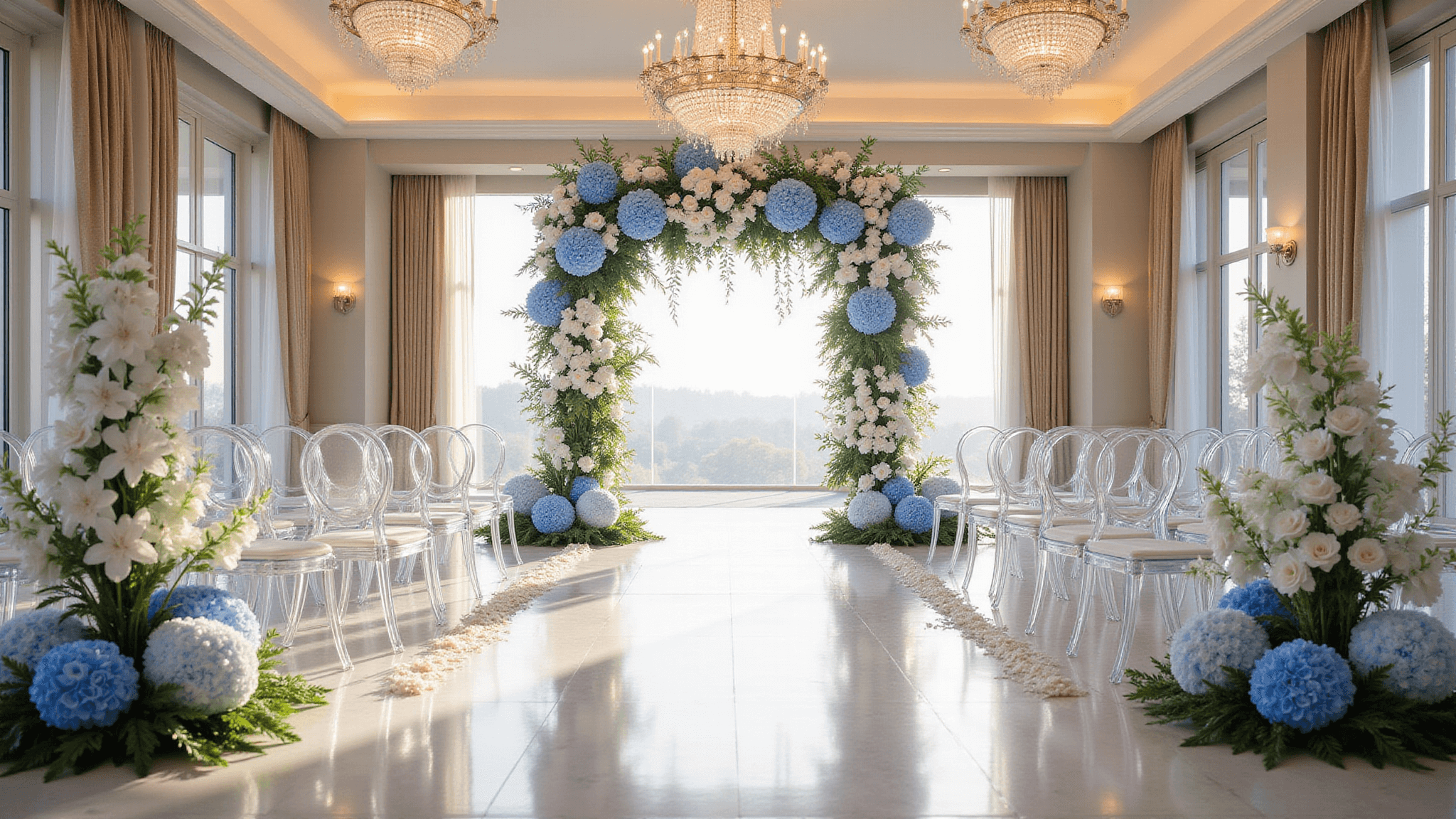 A luxurious wedding ceremony setup in a grand ballroom featuring an 8-foot floral arch with cascading blue hydrangeas and white phalaenopsis orchids. Crystal chandeliers cast warm ambient light over ghost chairs arranged in curved rows. Natural sunlight streams through floor-to-ceiling windows onto white marble floors. Delicate blue thistle accents, white garden roses, and eucalyptus greenery complement the elegant color palette of powder blue, white, and silver.