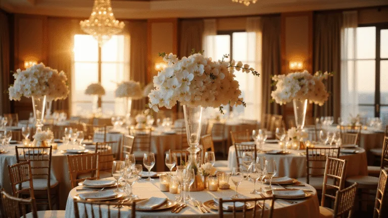 Cinematic wide shot of an opulent hotel ballroom during golden hour, showcasing round tables with tall white phalaenopsis orchid centerpieces in crystal vases, gold-rimmed chargers, and ivory silk tablecloths, illuminated by crystal chandeliers and soft amber uplighting.