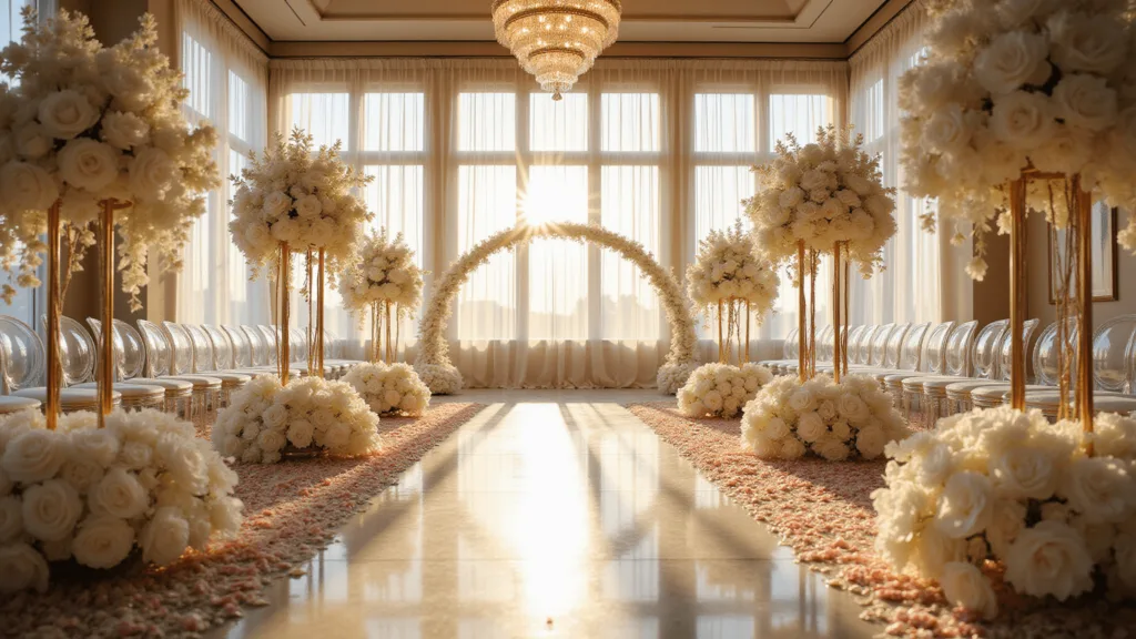 A luxurious wedding ceremony setup in a ballroom with white peonies, orchids, crystal altar, ghost chairs, and rose petals. Golden hour light streams through windows, highlighting gold candelabras, ivory drapes, and chandeliers.