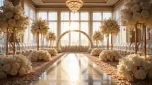 Ultimate Guide to Choosing the Perfect Wedding Flowers: From Bouquets to Budget A luxurious wedding ceremony setup in a ballroom with white peonies, orchids, crystal altar, ghost chairs, and rose petals. Golden hour light streams through windows, highlighting gold candelabras, ivory drapes, and chandeliers.