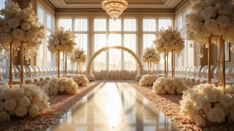 A luxurious wedding ceremony setup in a ballroom with white peonies, orchids, crystal altar, ghost chairs, and rose petals. Golden hour light streams through windows, highlighting gold candelabras, ivory drapes, and chandeliers.