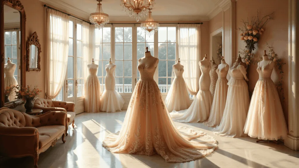 A luxurious bridal boutique interior bathed in golden hour light, showcasing floral couture gowns with intricate details, highlighted by crystal chandeliers and elegant decor.