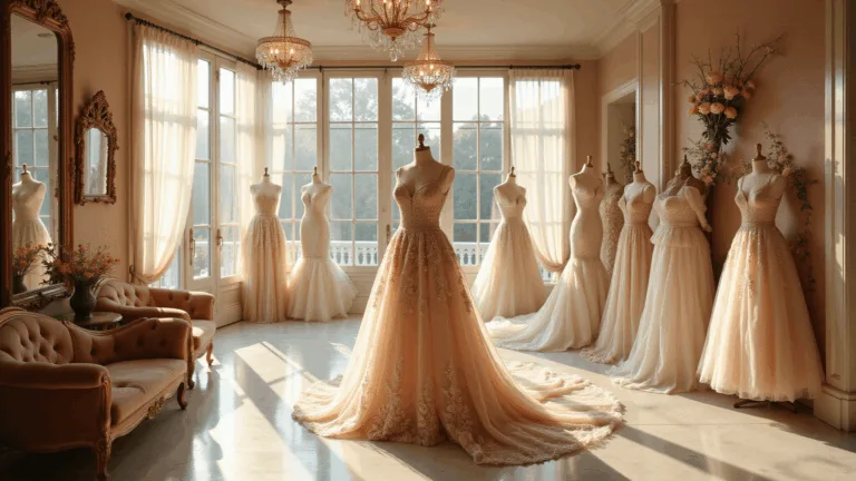 A luxurious bridal boutique interior bathed in golden hour light, showcasing floral couture gowns with intricate details, highlighted by crystal chandeliers and elegant decor.