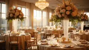 A luxurious wedding reception in a grand ballroom, featuring towering champagne-colored floral arrangements, gilt Chiavari chairs, and sparkling crystal chandeliers, illuminated by warm golden hour light filtering through floor-to-ceiling windows.