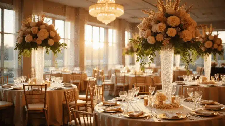 A luxurious wedding reception in a grand ballroom, featuring towering champagne-colored floral arrangements, gilt Chiavari chairs, and sparkling crystal chandeliers, illuminated by warm golden hour light filtering through floor-to-ceiling windows.
