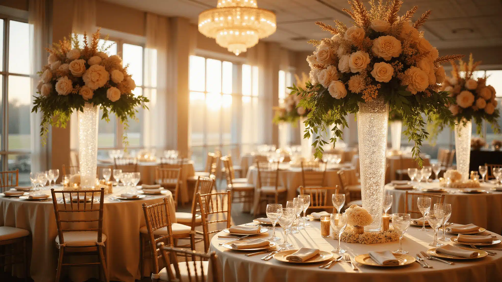 A luxurious wedding reception in a grand ballroom, featuring towering champagne-colored floral arrangements, gilt Chiavari chairs, and sparkling crystal chandeliers, illuminated by warm golden hour light filtering through floor-to-ceiling windows.