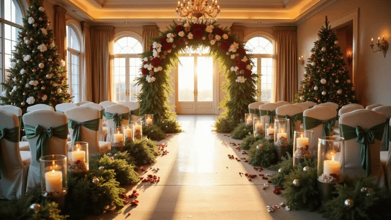 A grand ballroom wedding ceremony at golden hour, featuring a tall Christmas tree with white orchids, a dramatic floral arch with red roses and lilies, vintage chandeliers, and an aisle lined with candles and pine garlands, all illuminated by warm lighting through large arched windows.