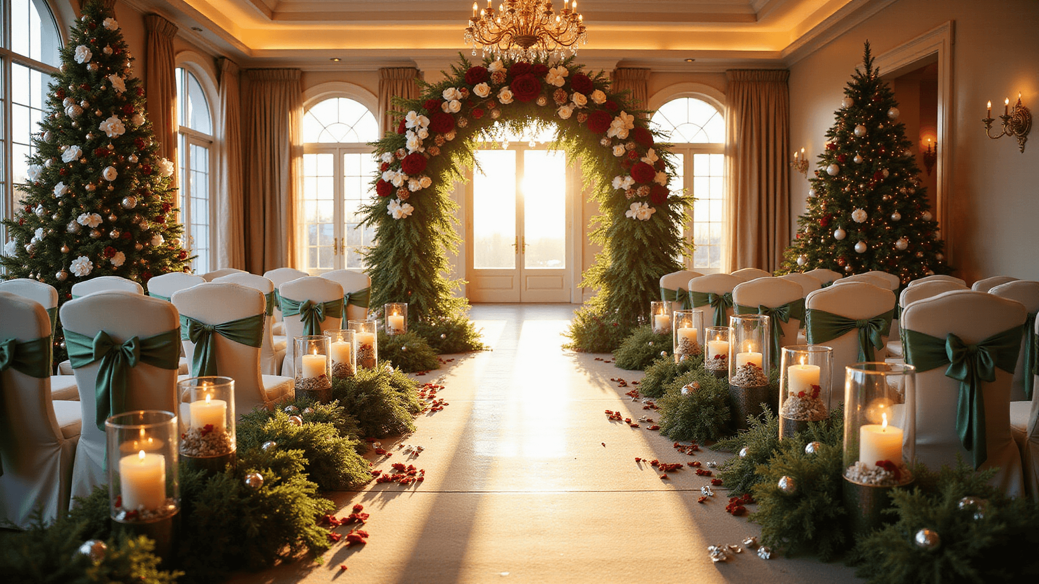 A grand ballroom wedding ceremony at golden hour, featuring a tall Christmas tree with white orchids, a dramatic floral arch with red roses and lilies, vintage chandeliers, and an aisle lined with candles and pine garlands, all illuminated by warm lighting through large arched windows.