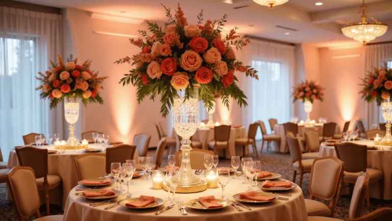 A luxurious ballroom wedding reception with coral-themed floral arrangements in tall glass centerpieces; ivory silk-draped tables; golden chandeliers; and warm, cinematic lighting.