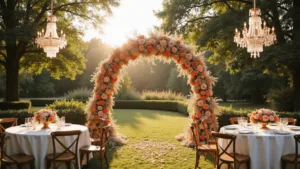 A luxurious wedding ceremony at golden hour featuring an ornate floral arch with coral and orange roses, blush dahlias, and sweet peas, surrounded by prismatic crystal chandeliers, round tables with gold vessel rose centerpieces, and sunlight filtering through to create a romantic amber-toned ambiance.
