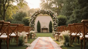 Cinematic wide-angle photograph of a romantic outdoor wedding ceremony at golden hour, featuring a floral arch with white garden roses and blush peonies, vintage wooden chairs lining a Persian runner aisle, and dappled sunlight from overhead string lights.