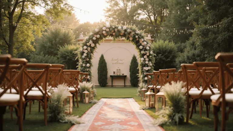 Cinematic wide-angle photograph of a romantic outdoor wedding ceremony at golden hour, featuring a floral arch with white garden roses and blush peonies, vintage wooden chairs lining a Persian runner aisle, and dappled sunlight from overhead string lights.