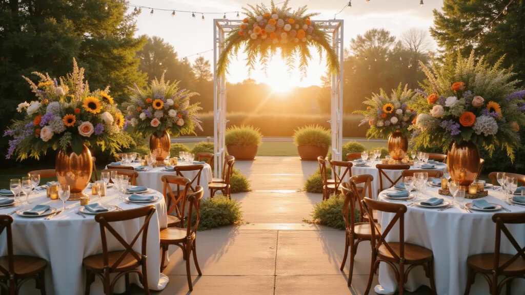 A luxurious garden wedding setup at golden hour with a white arch adorned with sunflowers and delphiniums. Tables feature copper vases with peonies, dahlias, and ranunculus under string lights and flowering trees, captured in warm sunset light.