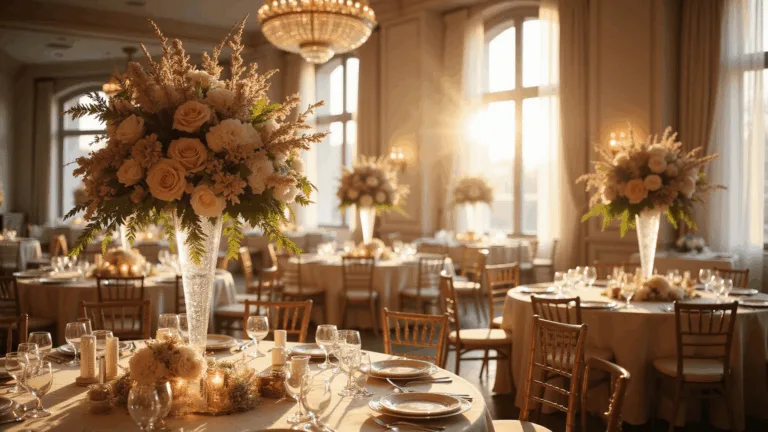 Photorealistic ballroom wedding scene during golden hour with neutral floral arrangements on round tables, featuring cream garden roses, white delphinium, champagne ranunculus, and ivory snapdragons in crystal vases, illuminated by warm ambient lighting from chandeliers, framed by sheer ivory drapery and rich textural details.