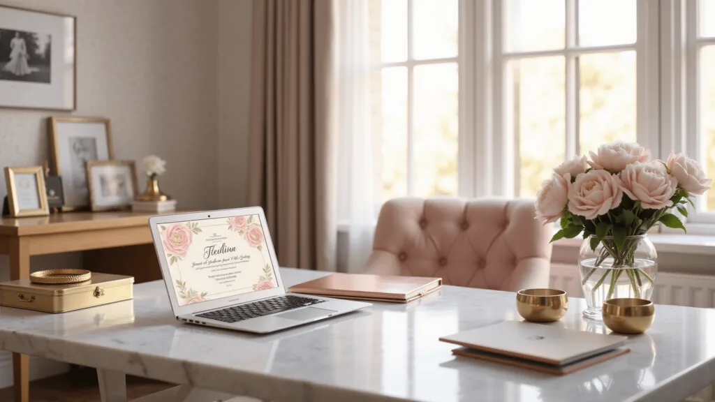 Luxurious home office with marble desk, laptop showing a wedding invitation, crystal vase with peonies, rose gold planner, and blush velvet chair, bathed in golden hour light.