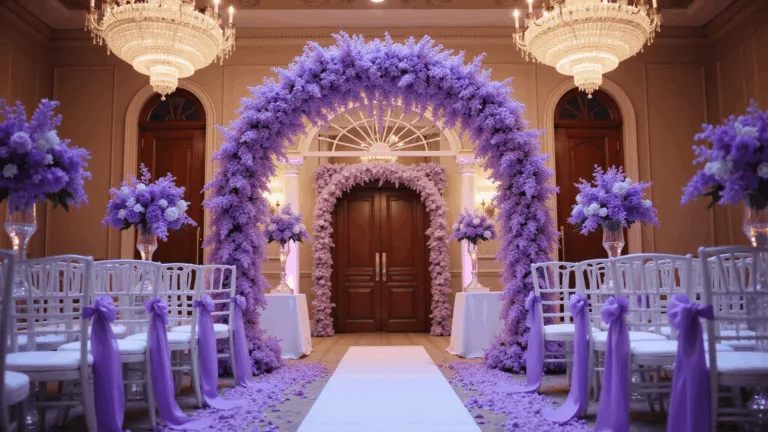 A grand ballroom wedding setup with a floral arch of purple orchids and delphinium, illuminated by crystal chandeliers, featuring white chiavari chairs with purple ribbons.