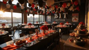 Ultimate Race Car Birthday Party Planning Guide: Rev Up the Celebration! Indoor racing-themed party space with dramatic sunlight, black marble tables in racetrack formation, red and silver floral centerpieces, checkered balloon installation, LED-lit "PIT STOP" lettering, vintage racing decor, and elegant table settings; features include a dessert station with race car cake and themed treats.