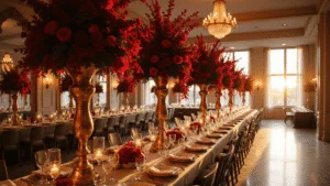 An elegant ballroom wedding reception featuring dramatic red floral arrangements, crystal chandeliers, and luxurious decor, illuminated by warm golden hour light.