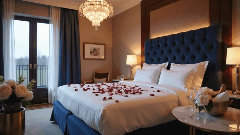 Cinematic photograph of an opulent honeymoon suite at dusk, featuring a king-sized bed with silk sheets, velvet headboard, rose petal decor, crystal chandeliers, and marble side table with champagne and flowers, all captured in a romantic, soft-focused ambiance.