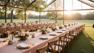 Luxurious garden wedding reception at golden hour under a clear-top tent with blush silk linens, vintage place settings, natural floral centerpieces, and warm ambient lighting.