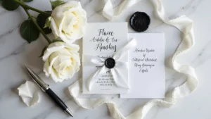 An elegant black and white wedding invitation suite flatlay on white marble with a vellum overlay, silk ribbon, silver dip pen, white rose petals, and a matte black wax seal; featuring soft, cinematic lighting.